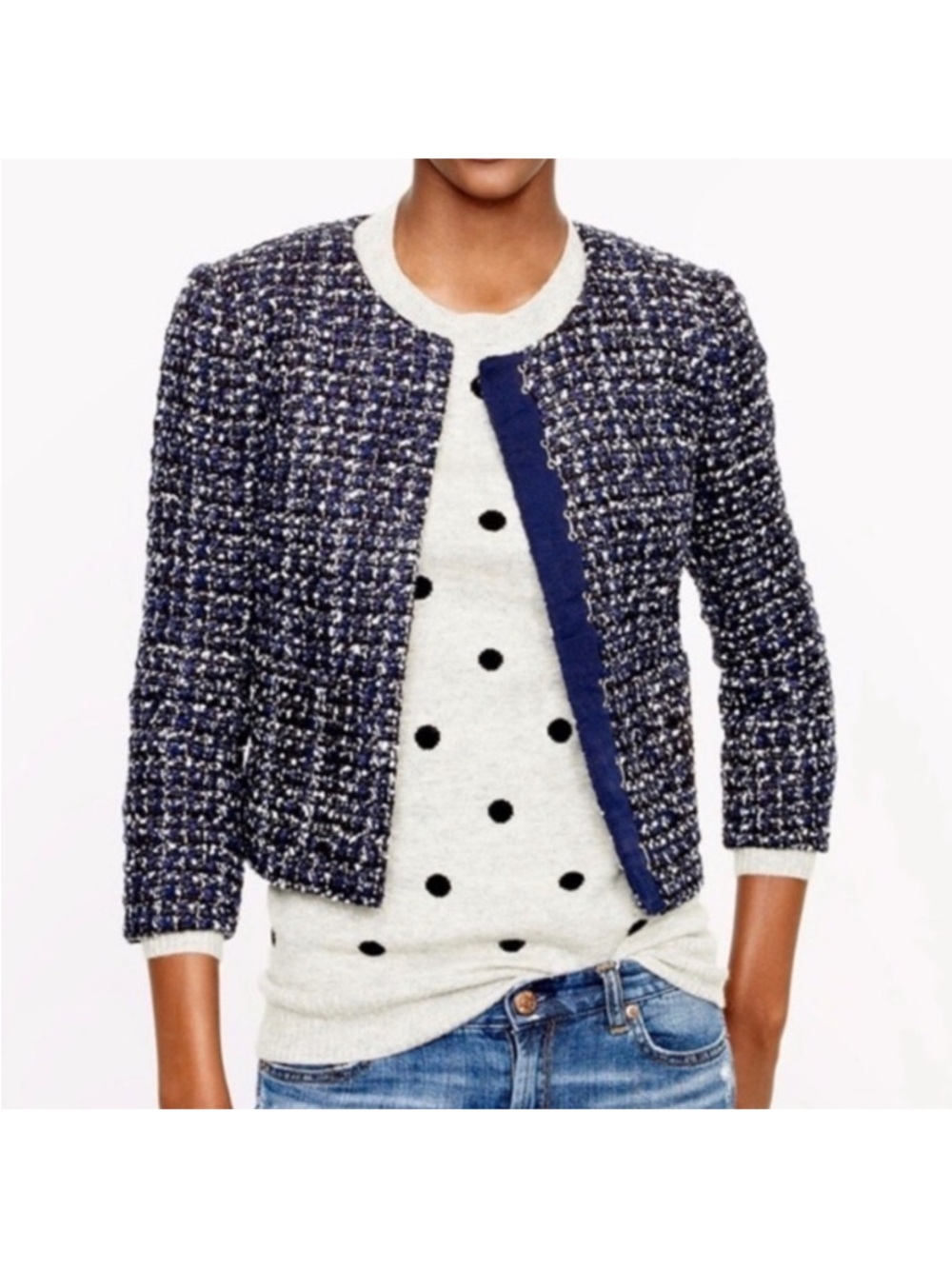 J. Crew Wool Blend Tweed Black Navy Bouclé Sparkle Cropped Jacket 3/4 Sleeve 0